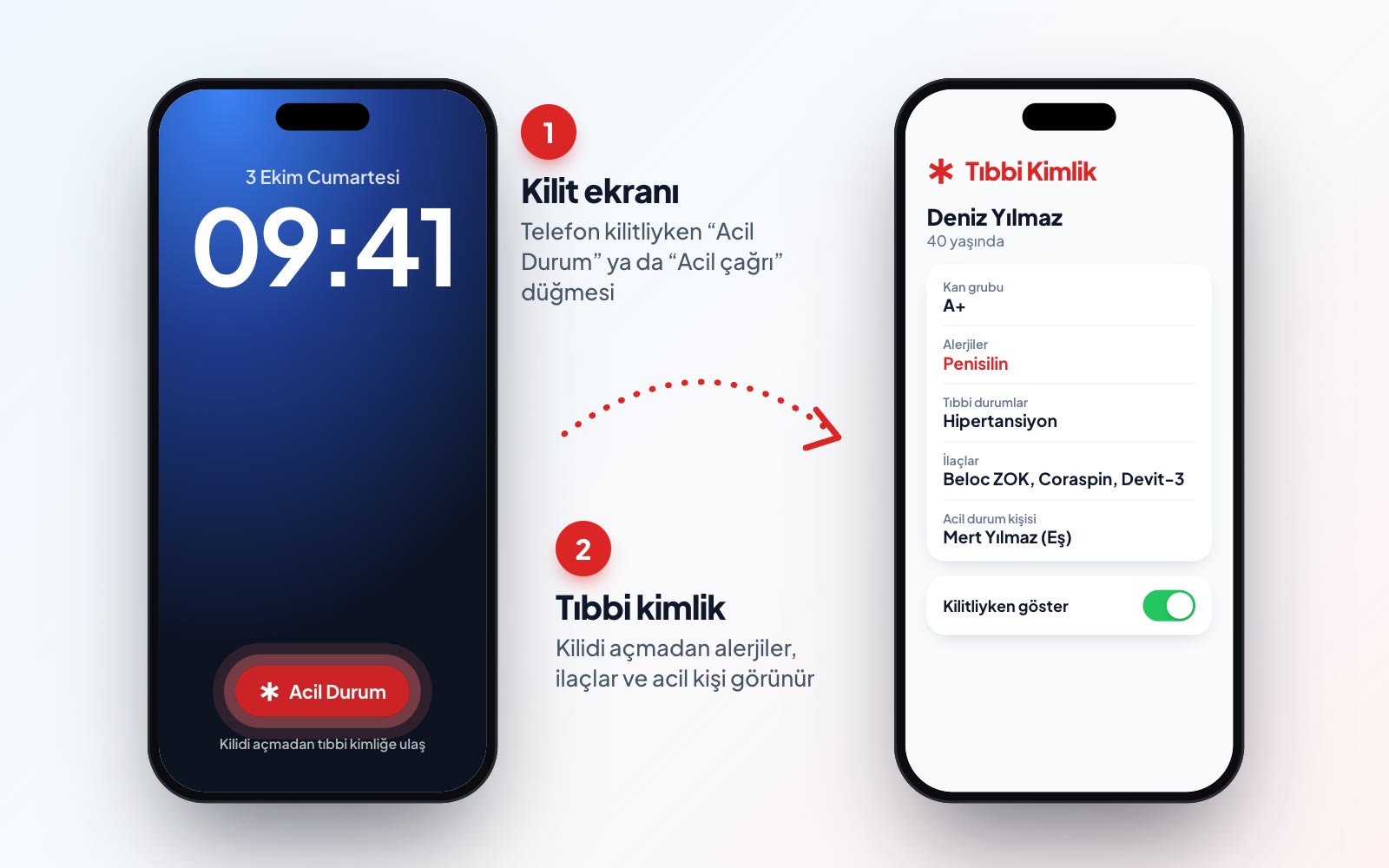 Kilit ekranındaki Acil Durum düğmesinden açılan tıbbi kimlik ekranı ve açık Kilitliyken göster ayarı